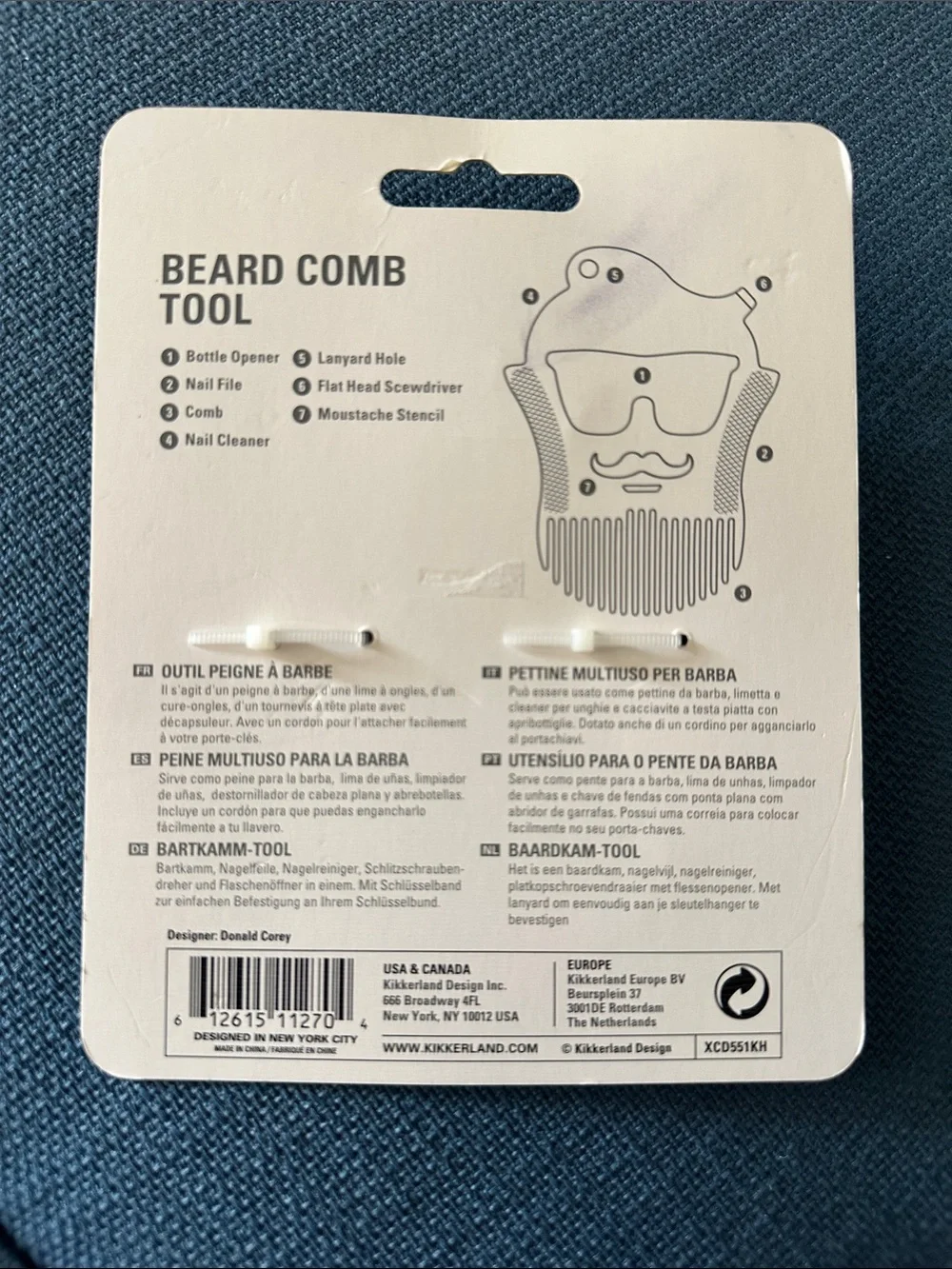 Kikkerland Stainless Steel Beard Comb Keychain in Silver